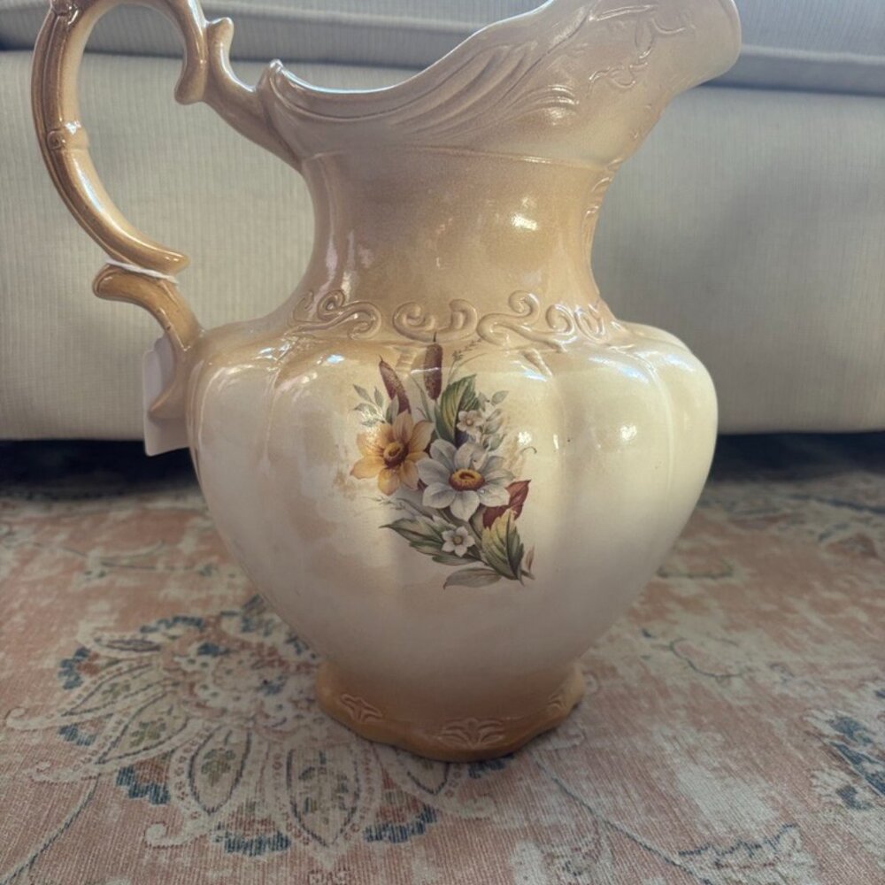 Vintage Ironstone England 1890 Country Pitcher Hand Painted Floral Design